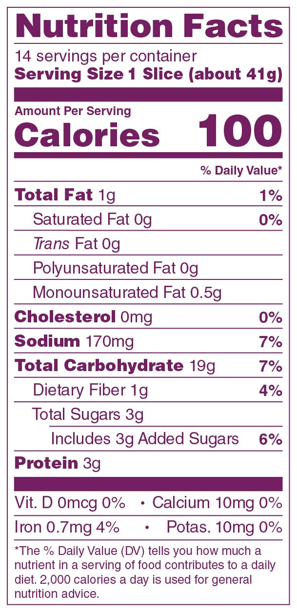 Rudi's Organic Spelt Bread nutritional facts panel