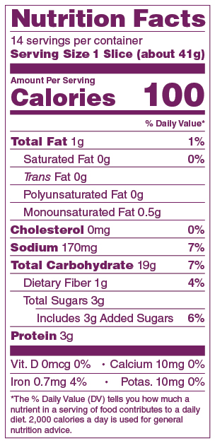 Rudi's Organic Spelt Bread nutritional facts panel
