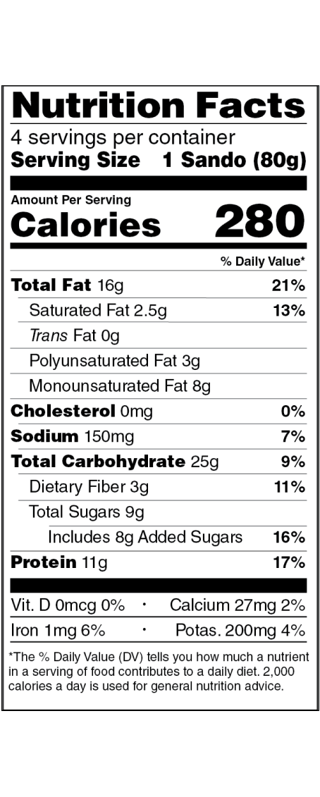 Peanut Butter and Strawberry Spread Sandos Nutrition Fact Panel