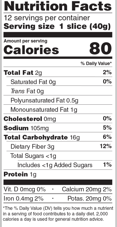 Rudi's Gluten Free Super Seeded Bread nutrition fact panel