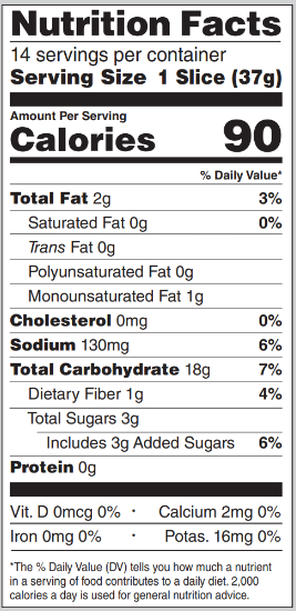 Rudi's Nutritional facts panel