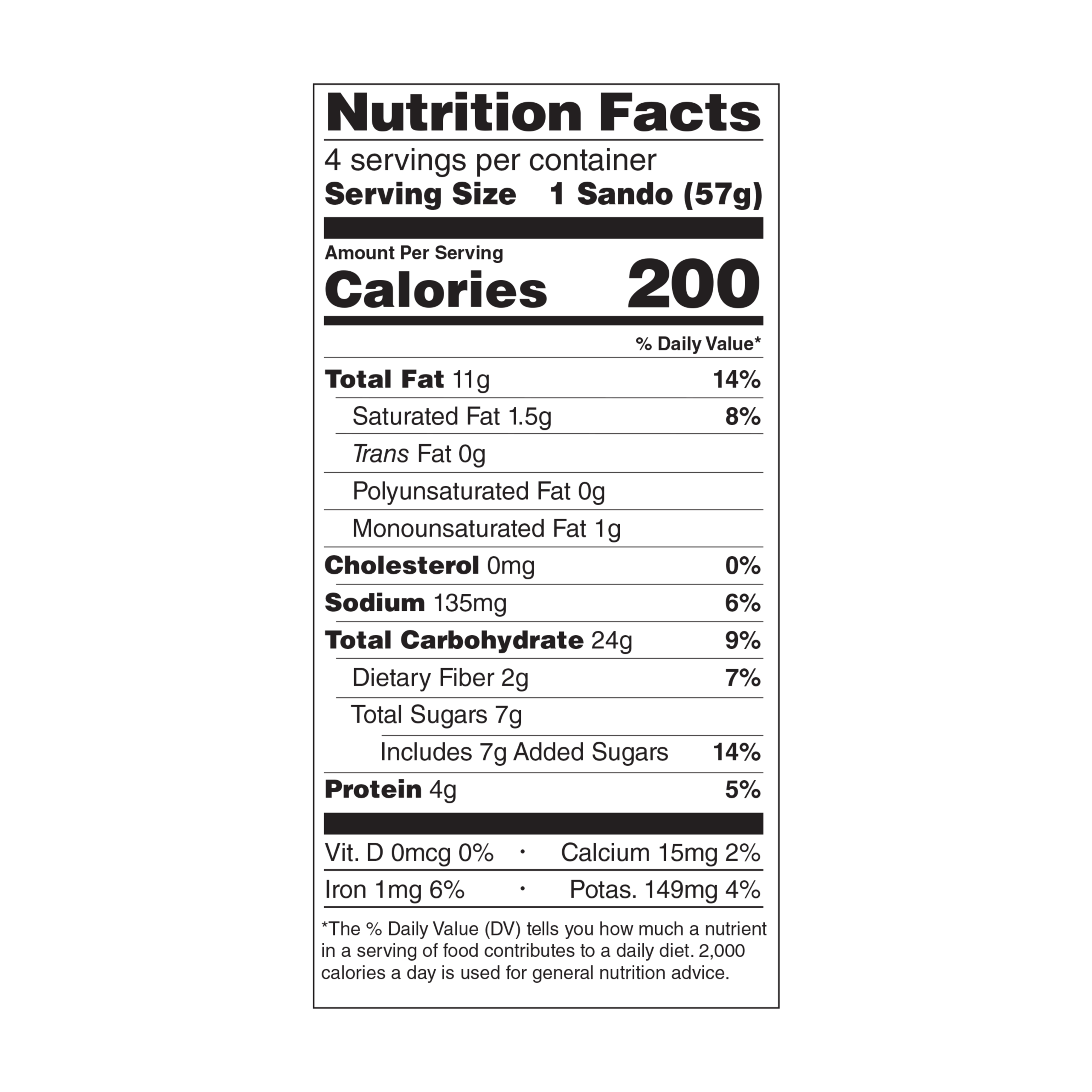 Rudi's Gluten Free Sando Nutritional Facts Panel