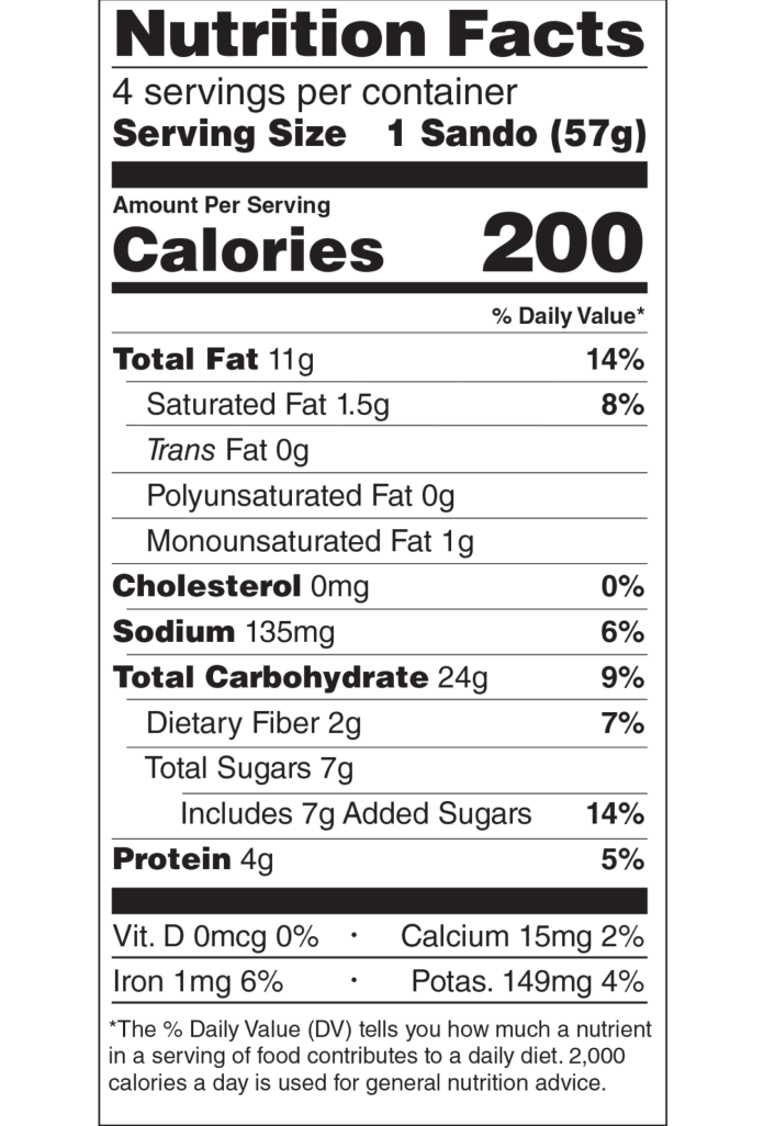 Gluten Free Peanut Butter & strawberry spread sandos nutrition fact panel