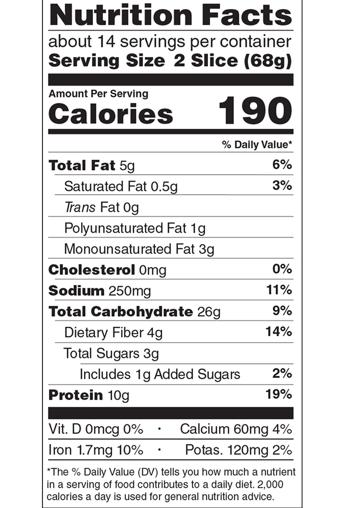 Daily Power Seeded Protein Bread Ancient Grain Nutrition Fact Panel - Rudi's Bakery