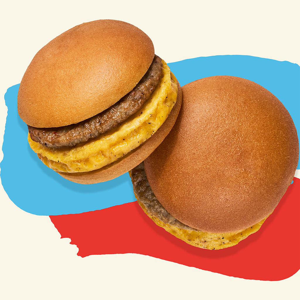 Two Rudi's Bakery sausage breakfast sandwiches